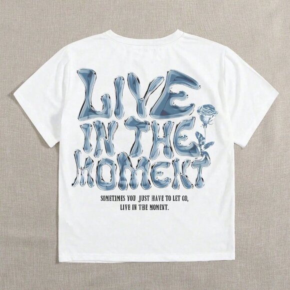 White Casual Women's Crew Neck Short Sleeve English Letter Graphic T-Shirt - Picture 2 of 3